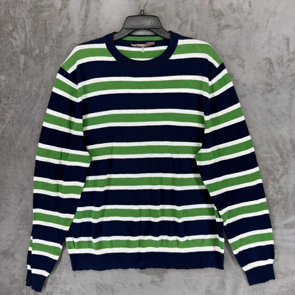 Mr Turk Mens XL Striped Cotton Crewneck Sweater Navy Blue Green White 2002900CO2